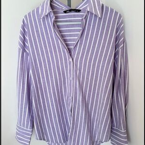 Zara Lavender and White Striped Button-Down Shirt